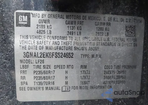 2015 Chevrolet Captiva Sport 2Ls z USA, uszkodzony, nr VIN 3GNAL2EK6FS524652